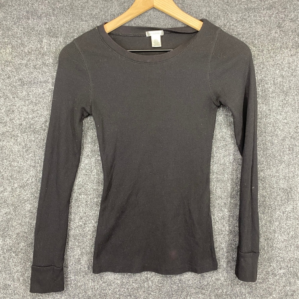 Bozzolo Womens Black Waffle Knit Thermal Long Sleeve Crew Neck Top Small RT1205